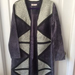 Tory Burch Grey Suede Cracked Leather Panel Coat L